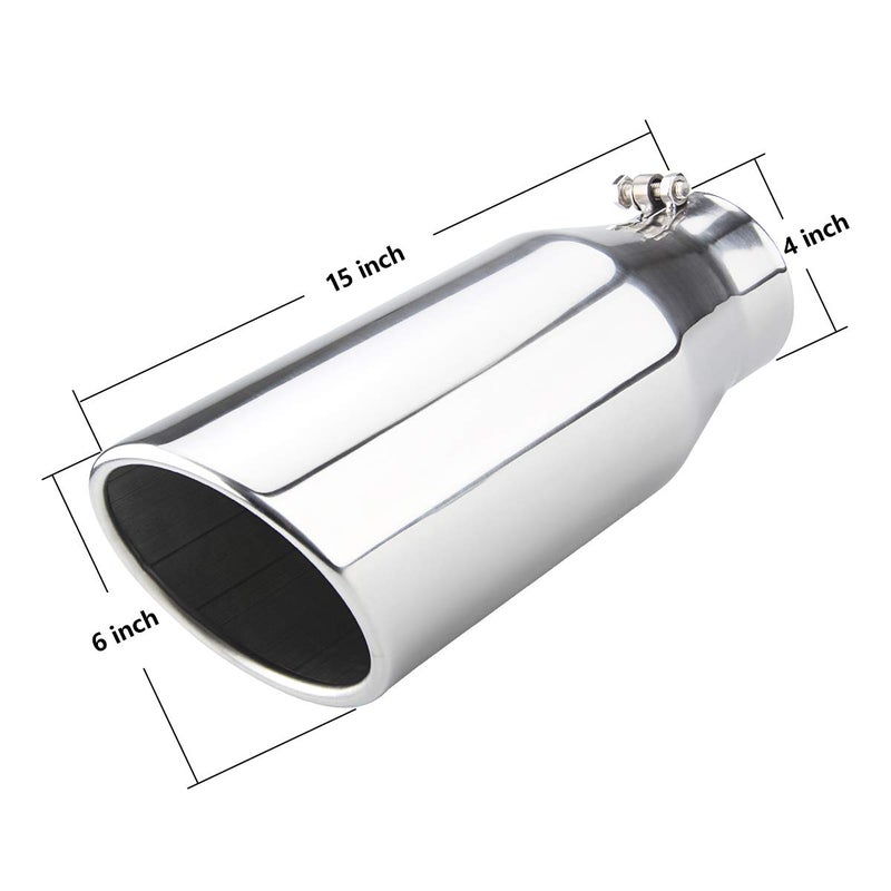LCGP Bolt On Diesel Exhaust Tip 4", 6" outlet 15" Long Truck Tip, Rolled Angle Cut, Polished - Image 2